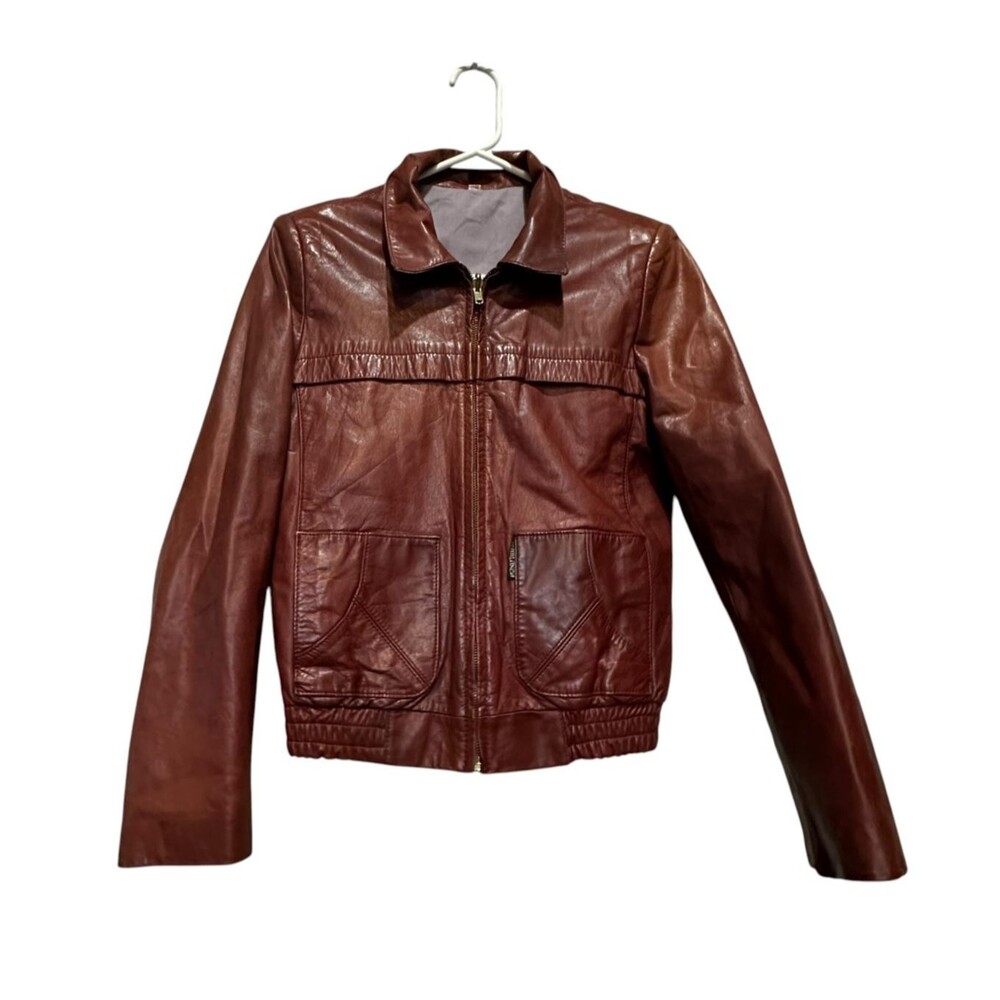 Vintage Casablanca Burgundy Brown Leather Size 13/14 Small Full Zip Jacket Boho